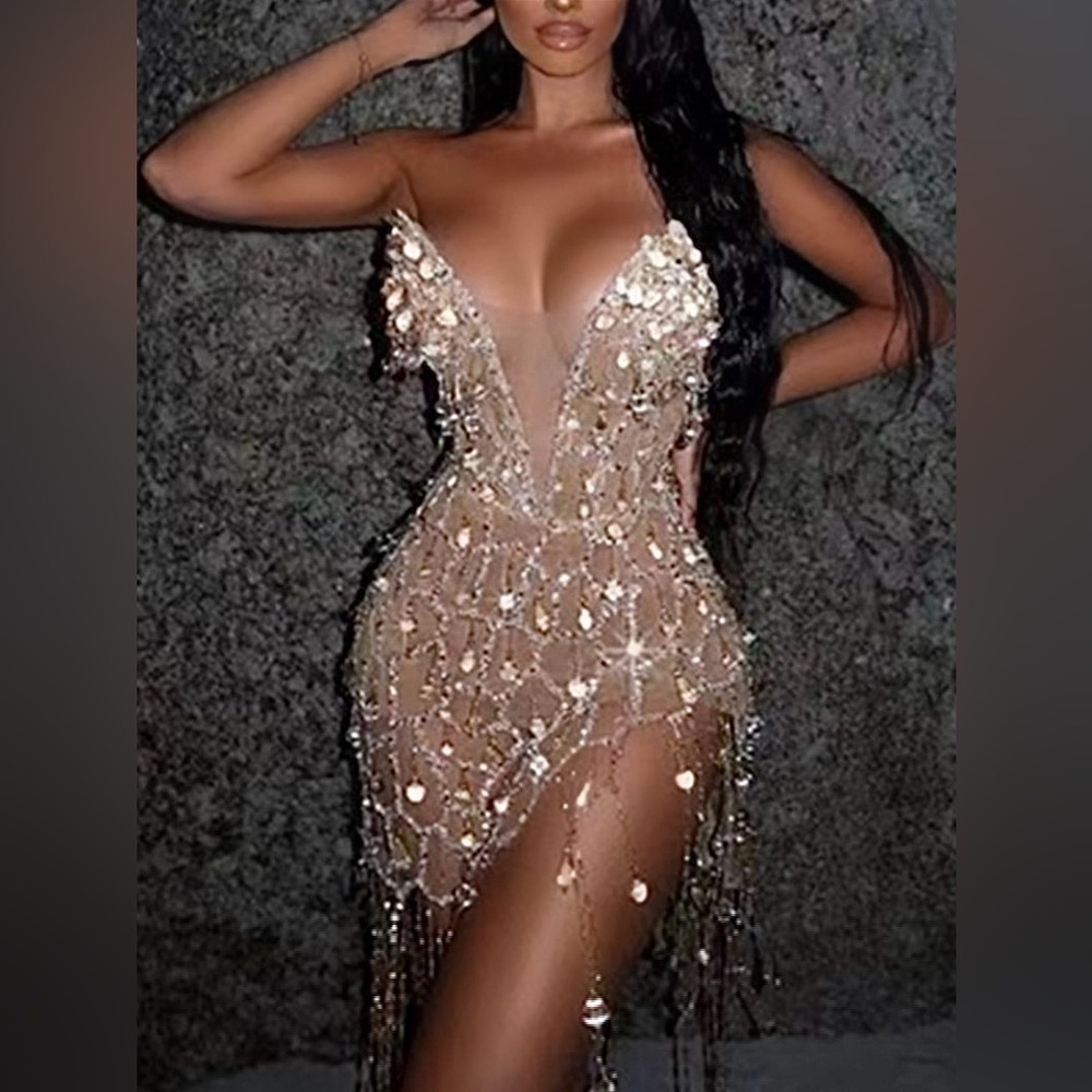 Goddess Deep V-Plunge See Through Strapless Sequin Party Cocktail Evening Dress